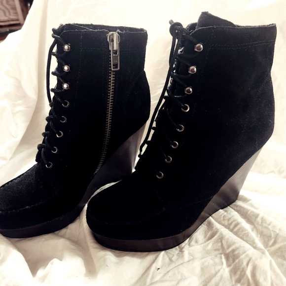 Coach Poppy black suede platform wedge boots. Size 8.5 - Picture 1 of 6